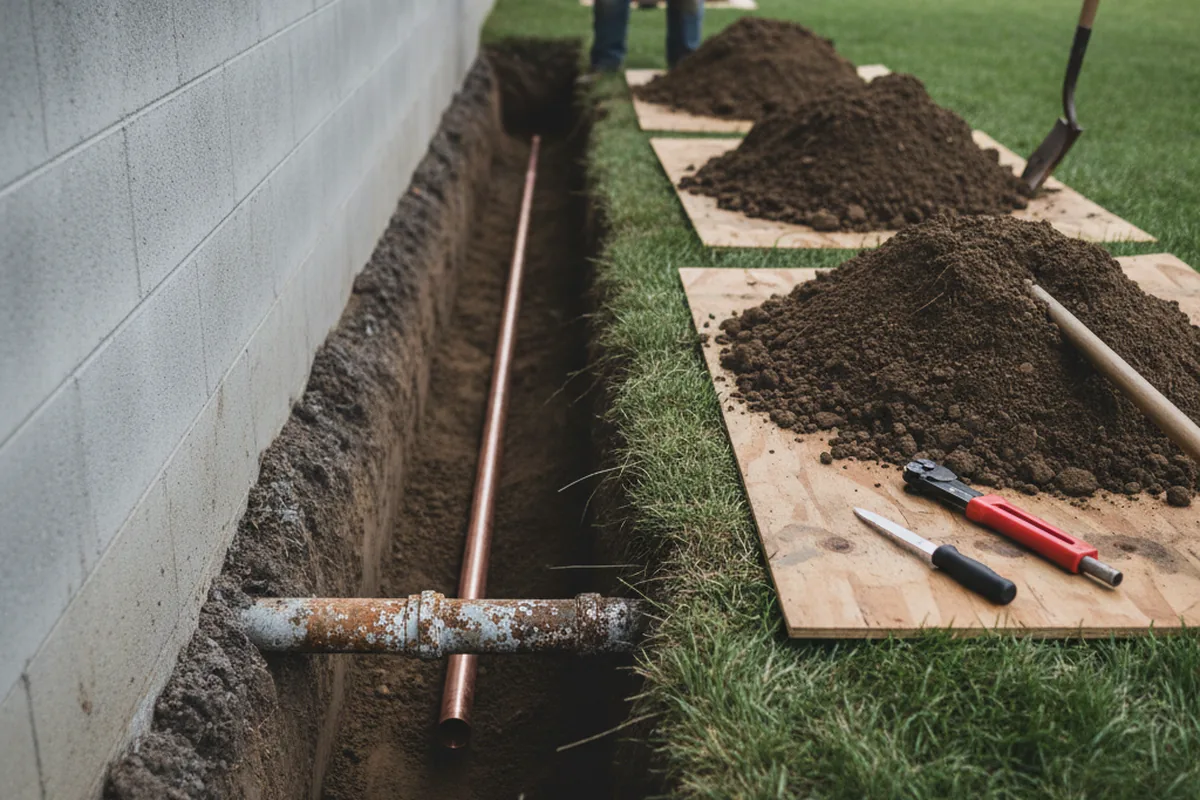 Excavated water line trench during Water Heater Repair in Ochelata